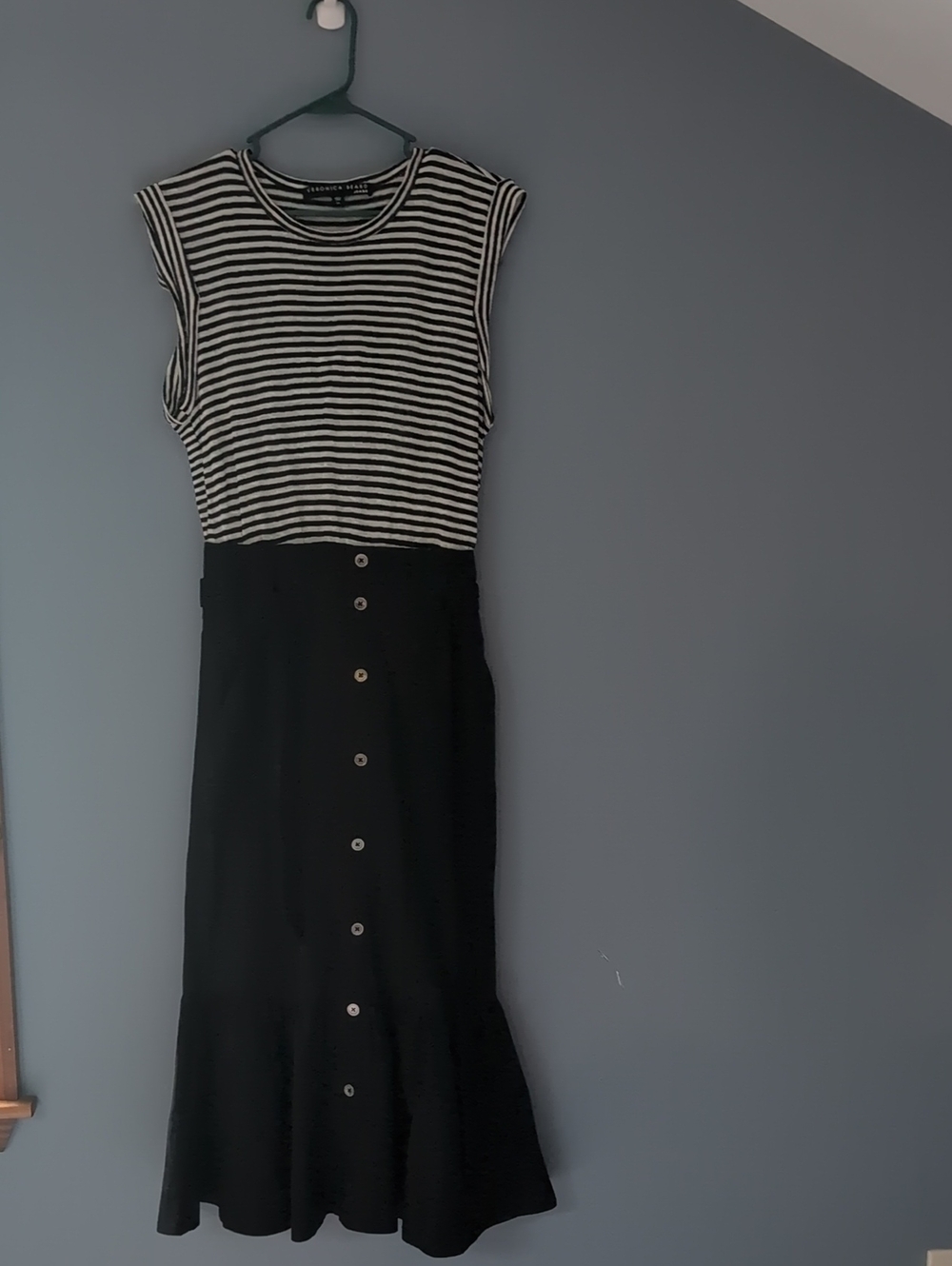 Striped Sleeveless Black & White Midi Dress with Button-Front Skirt